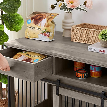 Sliding Door Dog Crate with Drawers. Grey,35.43'' W x 23.62'' D x 33.46'' H