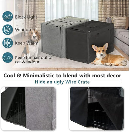 PETSFIT Dog Crate Cover,42 Inch Kennel Cover for Wire Dog Crate, Double Doors, Mesh Window, Flap On The Top and Back is Detachable, Dog Cage Cover Grey