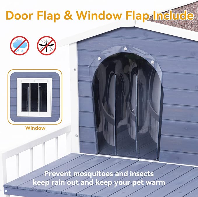 Wooden Dog House with Detachable Patio and Open Waterproof Asphalt Roof,Outdoor Dog Kennel W/Side Window,Front Door Design and PVC Door Curtain,Rainproof & Windproof Dog Cage for Pets,Gray