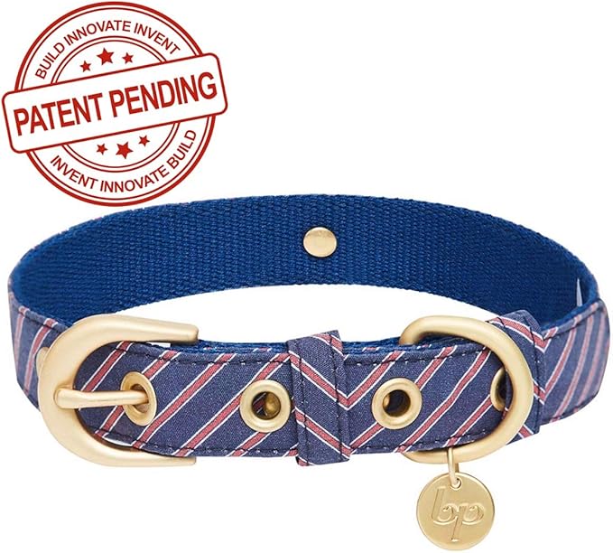Blueberry Pet 2 Patterns Adjustable Dog Collar with Metal Buckle and 2 Detachable Bowtie - Blue Asymmetric Stripe, Neck 9-12.5", for Small Breed