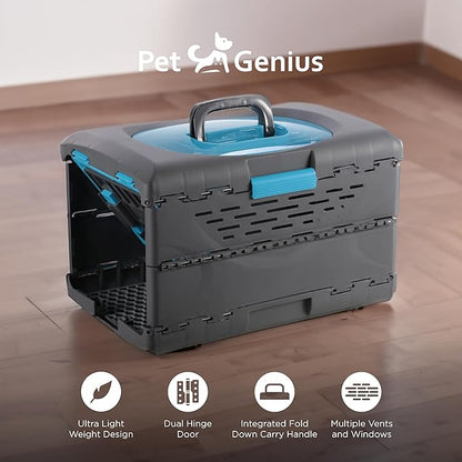 Pet Genius Collapsible Pet Crate, Ultra-Lightweight Portable Kennel with Dual Hinge Door, Folds to 5 Inches, Weighs 4.5lbs, Multiple Vents and Windows for Home and On The Go, 19x12x12.5, Blue