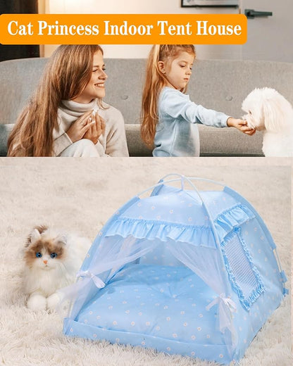 Cat Princess Bed Tent House - Kitty Cute Tent Indoor,Small Dog House Indoor/Outdoor Cave Nest Bed Small Dog Tent for Cat,Puppy Tent (15.7"x15.7"x14.5"/Blue)