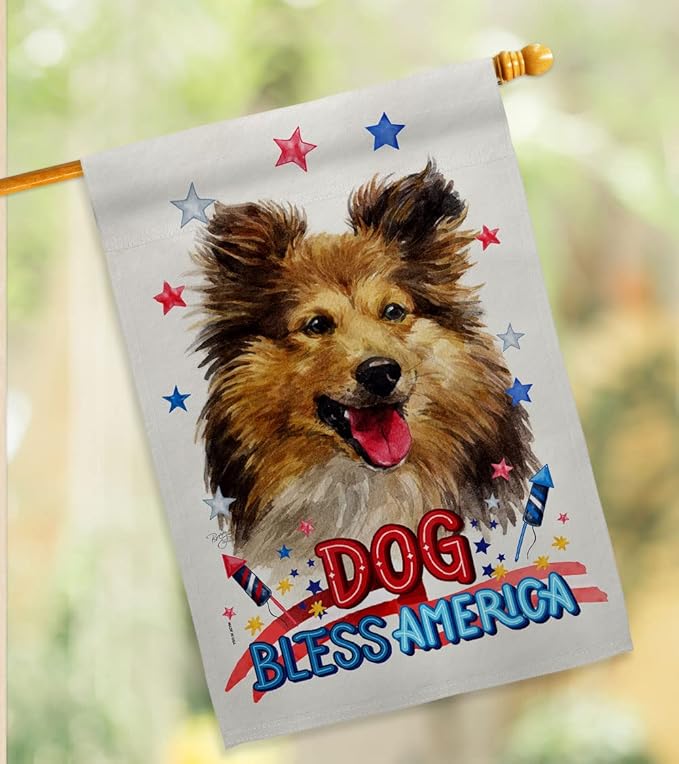 Breeze Decor Patriotic Shetland Sheepdog House Flag Dowel Set Dog Puppy Spoiled Paw Canine Fur Pet Nature Farm Animal Creature Banner Small Garden Yard Gift Double-Sided, Made in USA