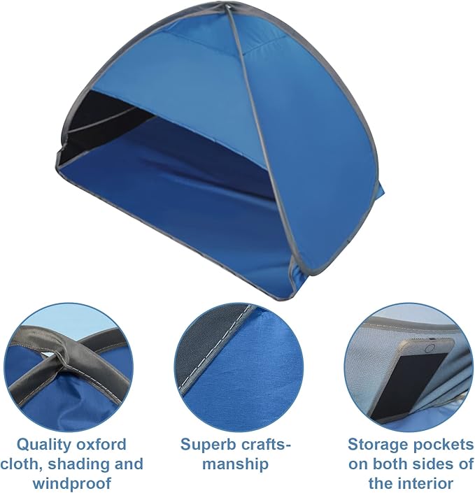 Pop Up Beach Sun Shelter, 1 Pack Foldable Tent for Anti-UV Mini Head Tent for Outdoors Camping Picnic, Black Glue Blue