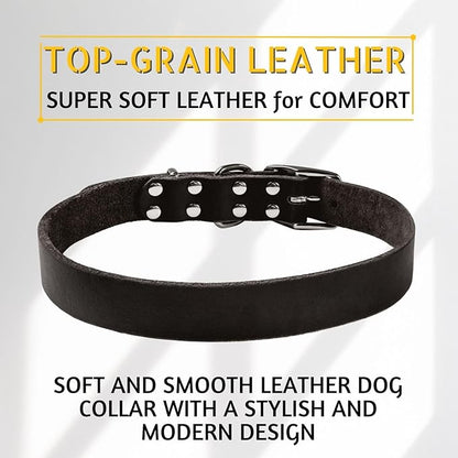 Adityna - Black Leather Dog Collar for Large Dogs - Classic Style, Soft and Strong, Heavy-Duty Top-Grain Leather Collar for Walking, Training, Hiking, and Running (L - Neck: 19-24 inches, Black)