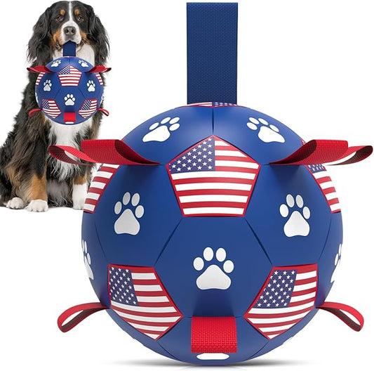 QDAN Dog Toys Soccer Ball with Straps - Durable Dog Balls for Extra Large Dogs, Beach Pool Dog Water Toy, Puppy Dog Birthday Gifts, Herding Balls for Dog (9 Inch)