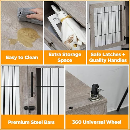 Dog Crate Furniture, Wooden Dog Kennel with Room Divider and Tray, Double Rooms Dog Cage, Wooden Dog Crate Table with 2 Drawers End Table