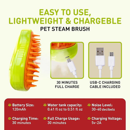 Cat Steam Brush 3 in 1 for Shedding Massage & Dirt Removes Loose Tangled & Static Fur | Short & Long Haired Pet | Misting Water Grooming Comb w Soft Bristles | Self Cleaning Dog Spray & Steamy Brush
