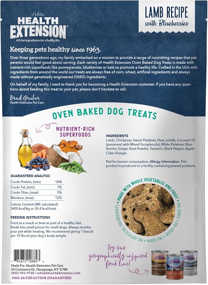 Health Extension Oven-Baked Dog Treats, 6oz (170g), Lamb & Blueberry Recipe – Gluten & Grain-Free, Superfood-Infused, Crunchy Biscuits for Puppy Training