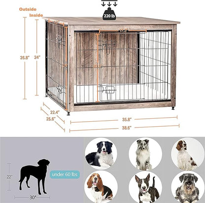DWANTON Dog Crate Furniture with Cushion, Large Wooden Dog Crate with Double Doors, Dog Furniture, Indoor Dog Kennel, Dog House, Large, 38.5" L, Greige