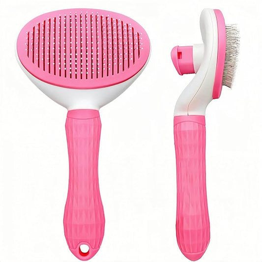 Self-Cleaning Slicker Brush for Dogs and Cats, Hair Cleaner Brush, Shedding and Dematting Grooming Comb, Pet Grooming Brush-Pink