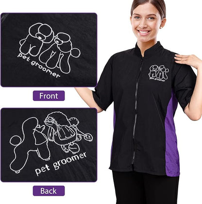 Noverlife Pet Grooming Workwear with Full Zipper, M Size, Anti-Static Pet Beautician Work Clothes, Lightweight Hair Repellent Shirt Style Pet Groomer Smock for Dog Cat Grooming Shop