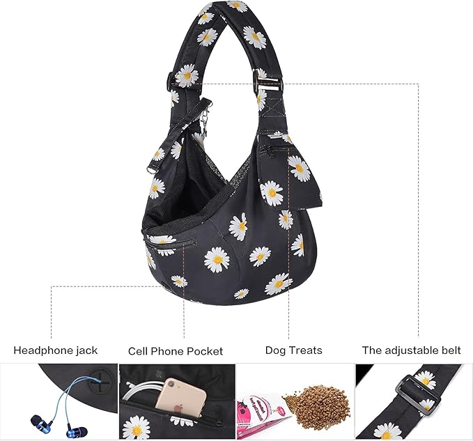 Petmolico Pet Dog Sling Carrier, Hands Free Pet Sling with Adjustable Padded Shoulder Strap Dog Cat Puppy Carrier Bag with Zipper Pocket for Subway Shopping Traveling, Black Daisy