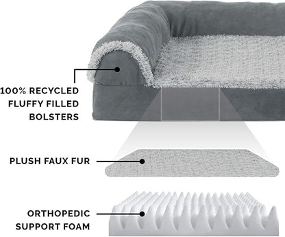 Furhaven Orthopedic Dog Bed for Medium/Small Dogs w/ Removable Bolsters & Washable Cover, For Dogs Up to 35 lbs - Two-Tone Plush Faux Fur & Suede L Shaped Chaise - Stone Gray, Medium