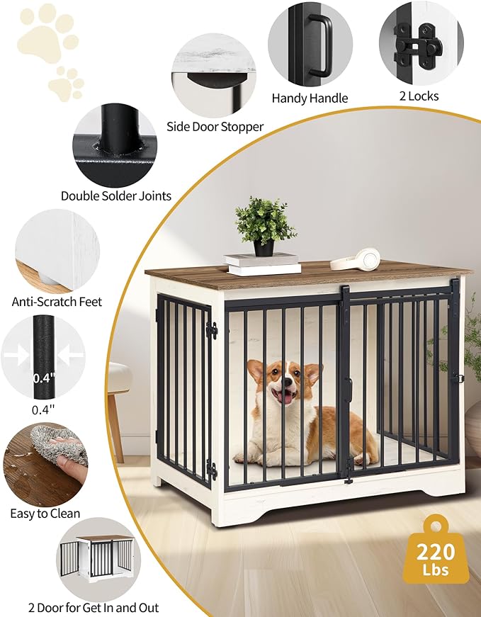 Dog Crate Furniture, 32" Double Door Dog Crate with Barn Door, Dog Kennel Indoor, End Side Table Wooden Dog Crates for Small Medium Large Dogs, Anti-Chew Anti-Escape, White Brown DFC83614B