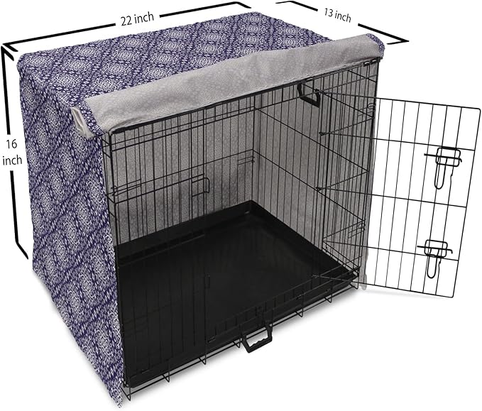 Lunarable Royal Blue Dog Crate Cover, Antique Moroccan Style Exotic Orient Inspired Ceramic Pattern Print Art, Easy to Use Pet Kennel Cover for Medium Large Dogs, 22 Inch, Indigo and White