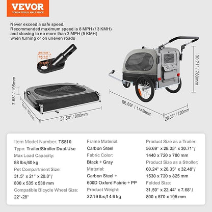 VEVOR Dog Bike Trailer, Supports up to 66/88/100 lbs, 2-in-1 Pet Stroller Cart Bicycle Carrier, Easy Folding Cart Frame with Quick Release Wheels, Universal Bicycle Coupler, Reflectors, Flag