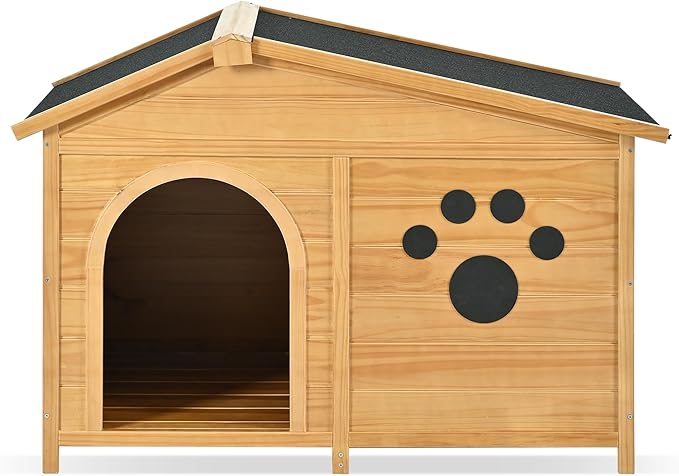 48" Wooden Dog House,Dog Kennel with Wide Porch,Water-Resistant Asphalt Roof and Fence,Indoor & Outdoor Dog Crate W/Paw Print Design,Easy Assembly & Cleaning,for Medium Dogs,Natural