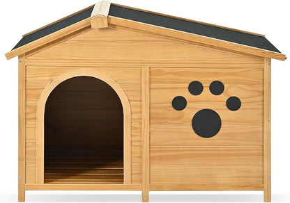 48" Wooden Dog House,Dog Kennel with Wide Porch,Water-Resistant Asphalt Roof and Fence,Indoor & Outdoor Dog Crate W/Paw Print Design,Easy Assembly & Cleaning,for Medium Dogs,Natural