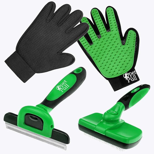 Complete Professional Pet Grooming Kit with Pet Hair Removal Tool Brush Gloves, Self Cleaning Slicker Brush, and Pro Grooming Dog Brush Deshedder Comb to Reduce Shedding (Green)