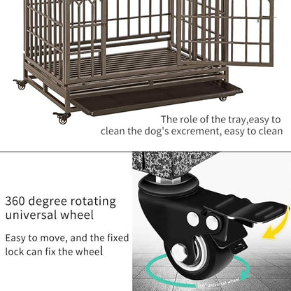 SMONTER Heavy Duty Dog Crate Strong Metal Pet Kennel Playpen with Two Prevent Escape Lock, Large Dogs Cage with Wheels, Y Shape, Brown (Strengthen-38INCH, Brown)