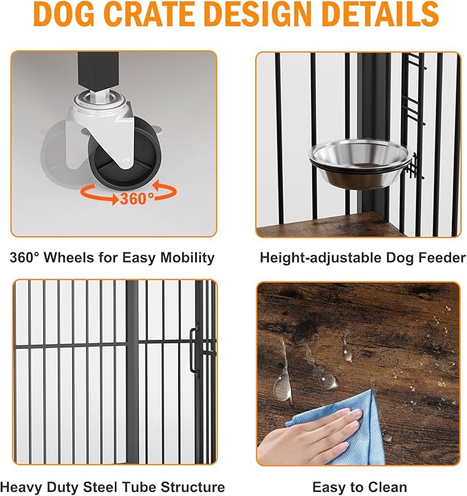 Dog Crate Furniture, Wooden Dog Crate End Table with Adjustable Height & 360° Rotating Feeder, Dog Kennel Indoor with 360° Wheels for Small Dogs, Heavy Duty Dog Crate (31.96''L x 20.47''W x 31.49''H)