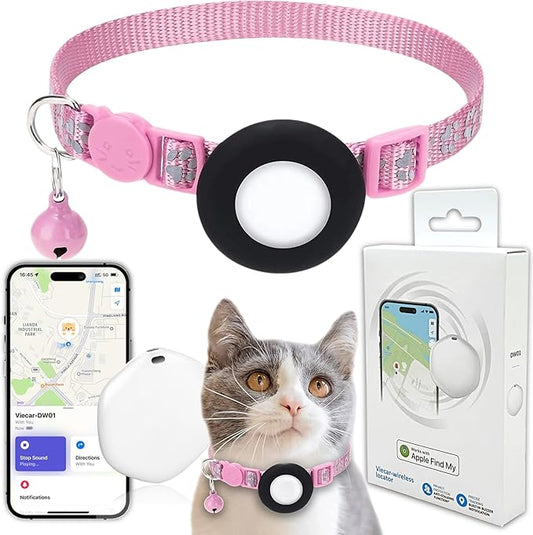 GPS Tracker for Cats, Mini GPS Pet Tracker with Collar, IPX8 Waterproof Cat Tracker Collar,No Monthly Fee,Work with Apple Find My(iOS Only),Smart Tracker for Pets(Pink)