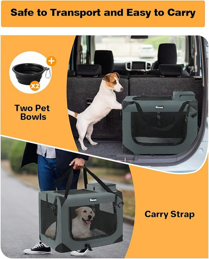 Extra Large Dog Crate with 2 Foldable Bowl, 28 Inch Collapsible Travel Dog Crate Kennel with Soft Blanket for Medium Dogs,Indoor & Outdoor (28" L x 20" W x 20" H, Grey)