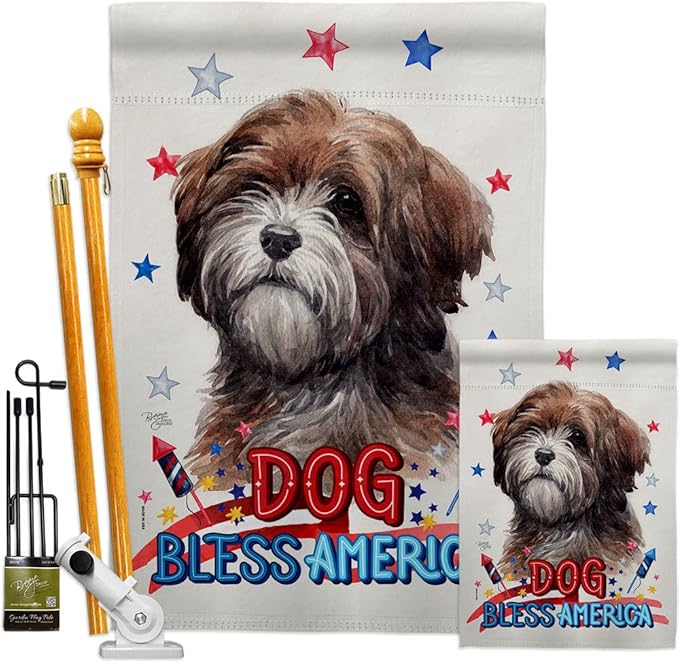Breeze Decor Patriotic Brown Tibetan Terrier Garden House Flag-Kit Dog Puppy Spoiled Paw Canine Fur Pet Nature Farm Animal Creature Decoration Banner Small Yard Gift Double-Sided, Made in USA