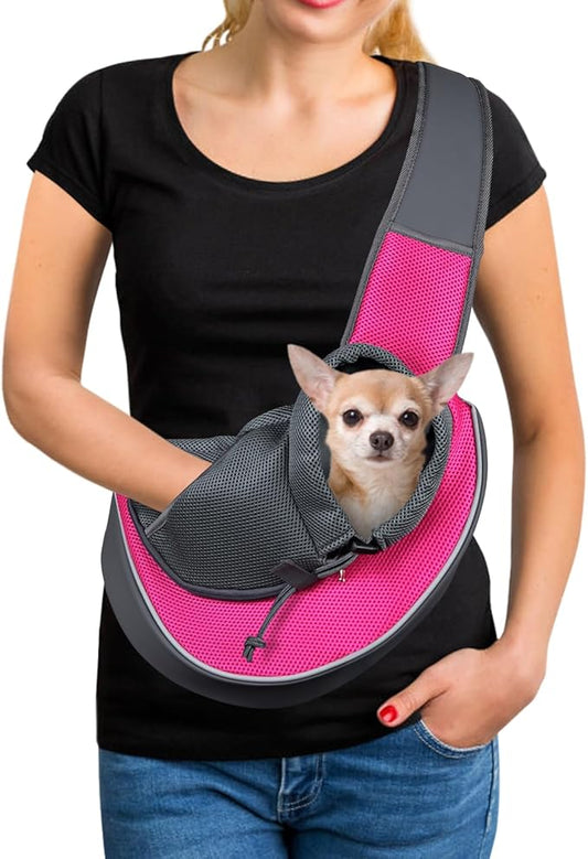 YUDODO Pet Dog Sling Carrier Mesh Hand Free Adjustable Dog Satchel Carrier Bag Papoose Crossbody for Small Medium Dog Cat Rabbit (M(up to 10 lbs), Pink)