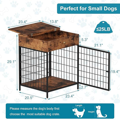 Small Dog Crate End Table,Dog Crate Furniture, Dog Kennel End Table with Storage Drawer, Chew-Proof Metal Fence, Lockable Door, Wooden Pet Cage Side Table Indoor