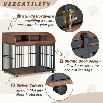 Merax 44" Heavy Duty Large Medium Dog Crate, Wooden Metal Kennel Pet Cage with Lockable Wheels & End Table Double Layer Storage Indoor Furniture, Brown