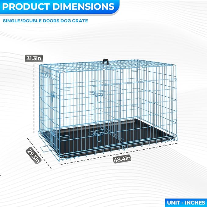 FDW Dog Crate for Large Dogs 48 Inch Folding Metal WirePet Cage Double Door W/Divider Panel Indoor Outdoor Kennel Leak-Proof Plastic Tray,Blue