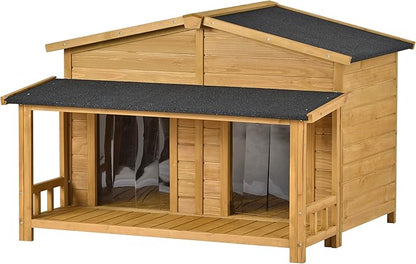 47" Outdoor Wooden Dog House with Porch, Asphalt Roof, 2" Height Raised Feet and Two Plastic Door Curtains, Brown