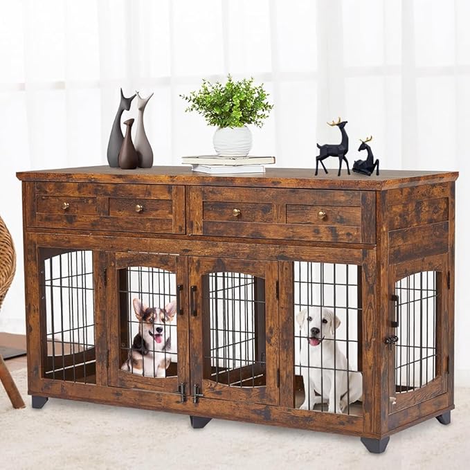 Large Dog Crate Furniture, Double Dog Kennel Furniture with 2 Drawers and Removable Divider, XXL Heavy Duty Wood Dog Crate Table for 2 Dogs Indoor (Rustic Brown, 58in)