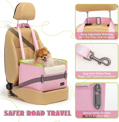 PETSFIT Small Dog Car Seat, Puppy Portable Dog Booster seat for Car with Clip-On Leash, Adjustable Straps Suitable for Small Pets Up to 25lbs (Pink)