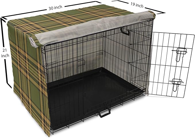 Lunarable Plaid Dog Crate Cover, Tartan Pattern in Autumn Tones Old Fashioned Design Country Illustration, Easy to Use Pet Kennel Cover for Cats & Medium Dogs, 30 Inch, Olive Green Mustard