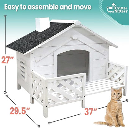 Critter Sitters 27'' Pet House with Porch, Weather-Resistant Dog House for Animals up to 44 Pounds, Waterproof Outdoor Dog House, Ideal for Cats, Dogs, and Rabbits, White Fir Wood Dog Houses