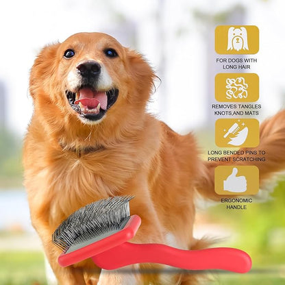 Slicker Brush for Grooming Long-Haired Dogs like Poodles, Goldendoodles, Labradoodles - Large Size Dematting Pin Brush for Pet Hair (Red)