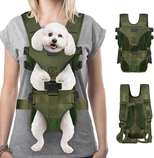 YUDODO Dog Backpack Carrier with Adjustable Safety Buckle Easy-fit Pet Dog Front Carrier for Small Medium Dog Legs Out Dog Chest Carrier for Traveling Walking Cycling (Small, Army Green)