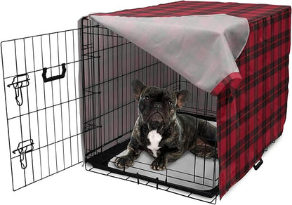 Lunarable Plaid Dog Crate Cover, Geometrical Scottish Ornament Folkloric Celtic Fashion Elements, Easy to Use Pet Kennel Cover for Cats & Medium Dogs, 24 Inch, Coral Vermilion