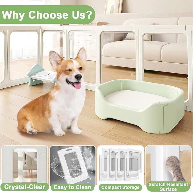 Clear Acrylic Dog Playpen with Door, 23.6" Tall Pet Play Pen Indoor for Cat Bunny Small Animals, Transparent Puppy Fence Kennel Rabbit Ferret, Doggie Cages Yard Easy Assemble, White, 12PCS