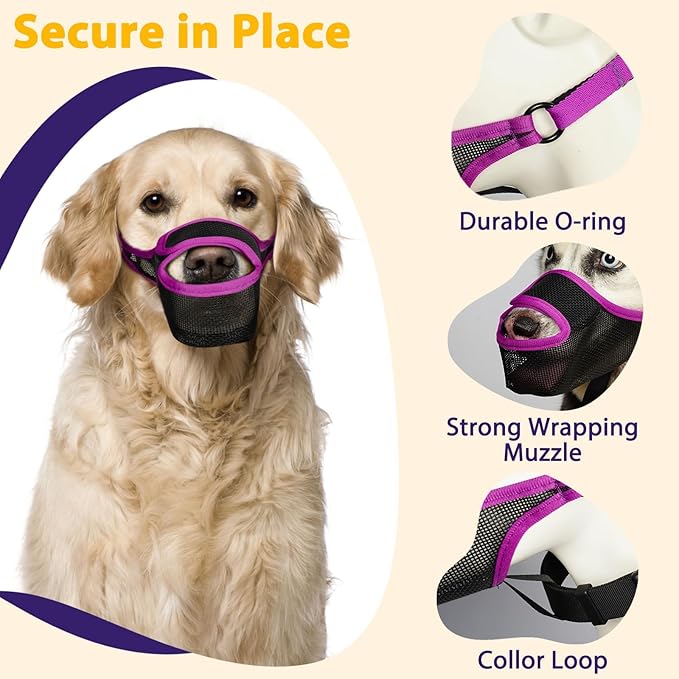 LUCKYPAW Dog Muzzle, Mesh Muzzle for Large Medium Small Dogs with Front Opening Design, Dog Mouth Cover to Prevent Biting, Licking, Chewing, Scavenging, Allows Drinking (XS-Snout:6½-7½", Purple)