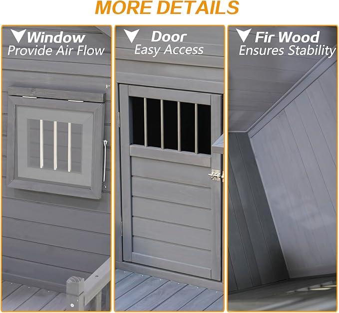 Open Waterproof Asphalt Roof Large Dogs House with Spacious Terrace,Outdoor Dog Kennel W/Small Wooden Door,Breathable Window & 2 Feeding Stainless Bowls,Fir Wood Dog Cage for Large Dogs,Gray