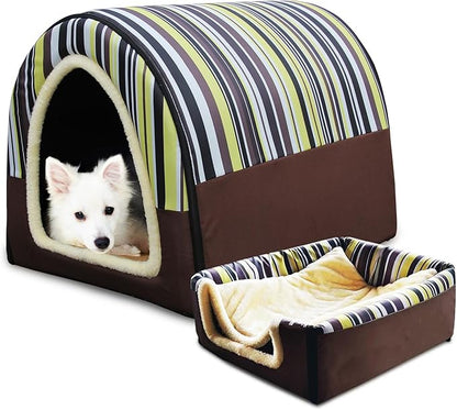 Dog Bed or Cat Bed,2 Ways to Use,Indoor Pet House with Fluffy Mat,Removable and Washable Cover,Splash-Proof House and Non-Slip Bottom,for Medium Dogs and Cats(L Vertical Stripes)