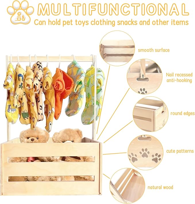 25" x 17" x 12" Wooden Pet Wardrobe Closet,Puppy Toy Basket with Hanging Rods,Pet Clothes Rack for Dog Organization and Storage,Wooden Crate for Dog/Cat Closet,Perfect for Toys Clothes and Accessories