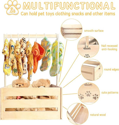 25" x 17" x 12" Wooden Pet Wardrobe Closet,Puppy Toy Basket with Hanging Rods,Pet Clothes Rack for Dog Organization and Storage,Wooden Crate for Dog/Cat Closet,Perfect for Toys Clothes and Accessories