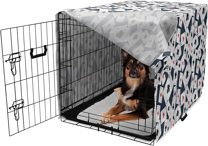 Lunarable Casino Dog Crate Cover, Realistic Style Random Scattered Playing Cards Leisure Time Hobby Games, Easy to Use Pet Kennel Cover for Medium Large Dogs, 36 Inch, Cadet Blue Black Red