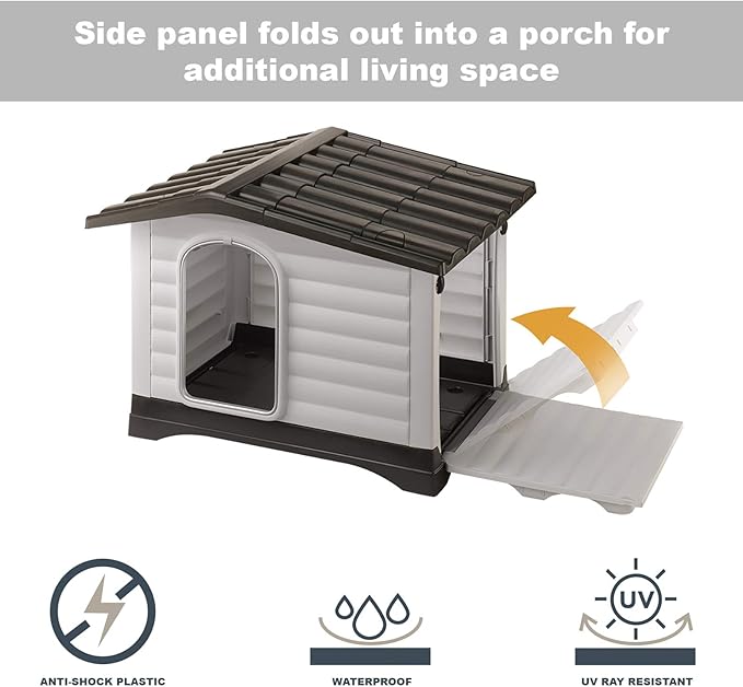 Ferplast Dog Villa Medium Indoor and Outdoor Dog House, Measures 35.04L x 25.4W x 28.5H Inches, Ventilated with Patented Fold-Out Porch, Cream with Dark Brown Bottom, Part # 87255099