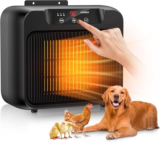 Unique Design 600W Large Dog House Heater w Thermostat, Adjustable Temp & 3 Timer(2 4 8 H) Heating, Pet Heater for Outdoor Winter Insulated House w 6 Ft Anti Chew Cord, Won't Burn Pets Kennel Heater
